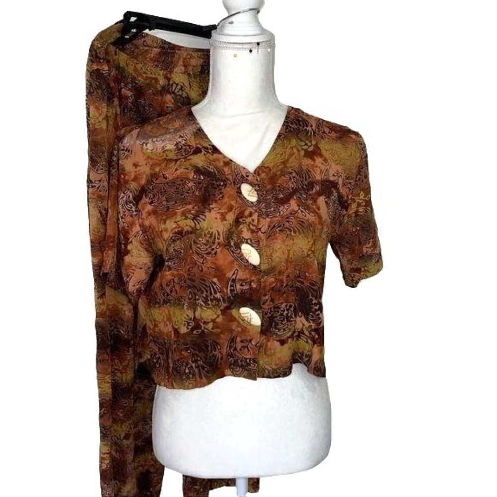 Tanami Pant Top Set Womens Size Medium M Vintage Rayon Patterned Brown Black